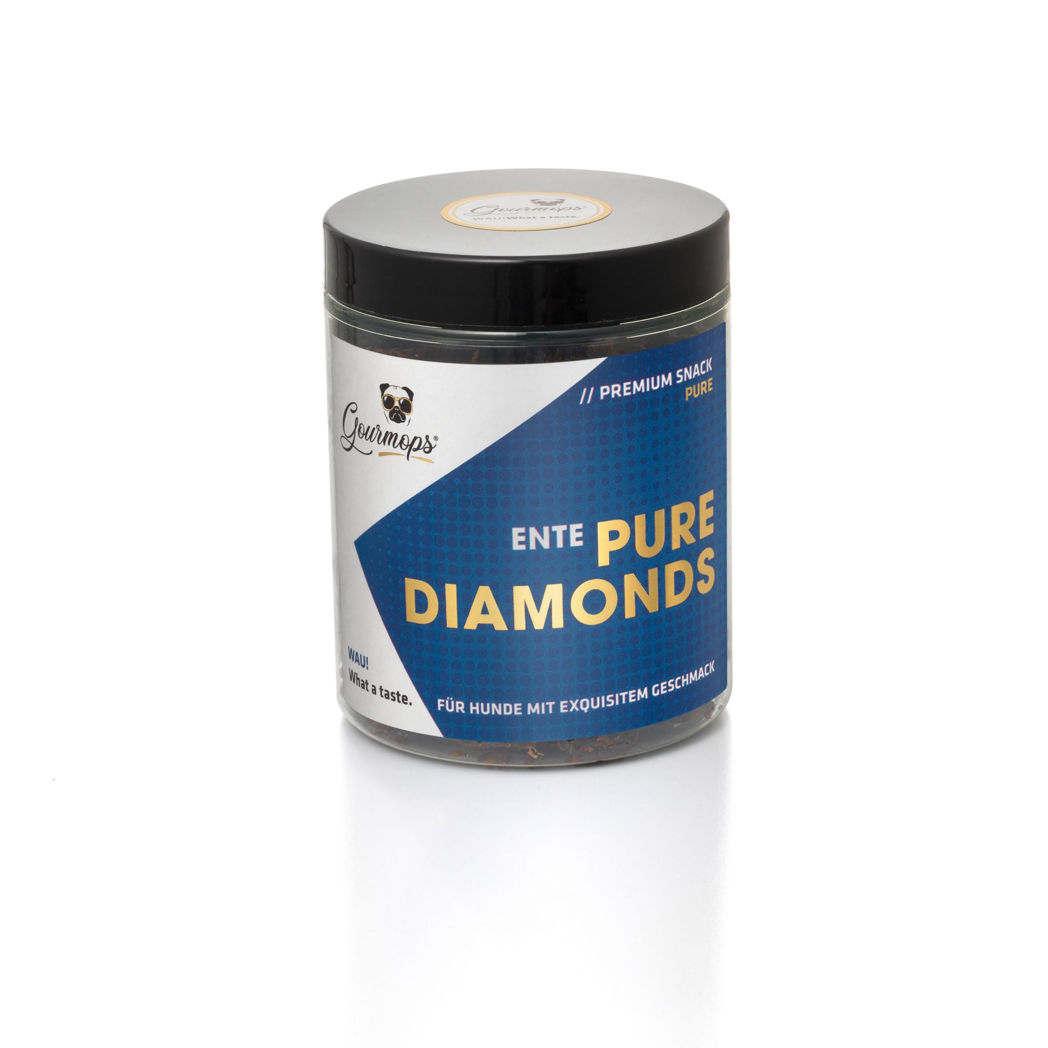 Gourmops Hundesnacks in praktischer Dose aus recyceltem Kunststoff – Pure Diamonds Ente als gesunde Belohnung