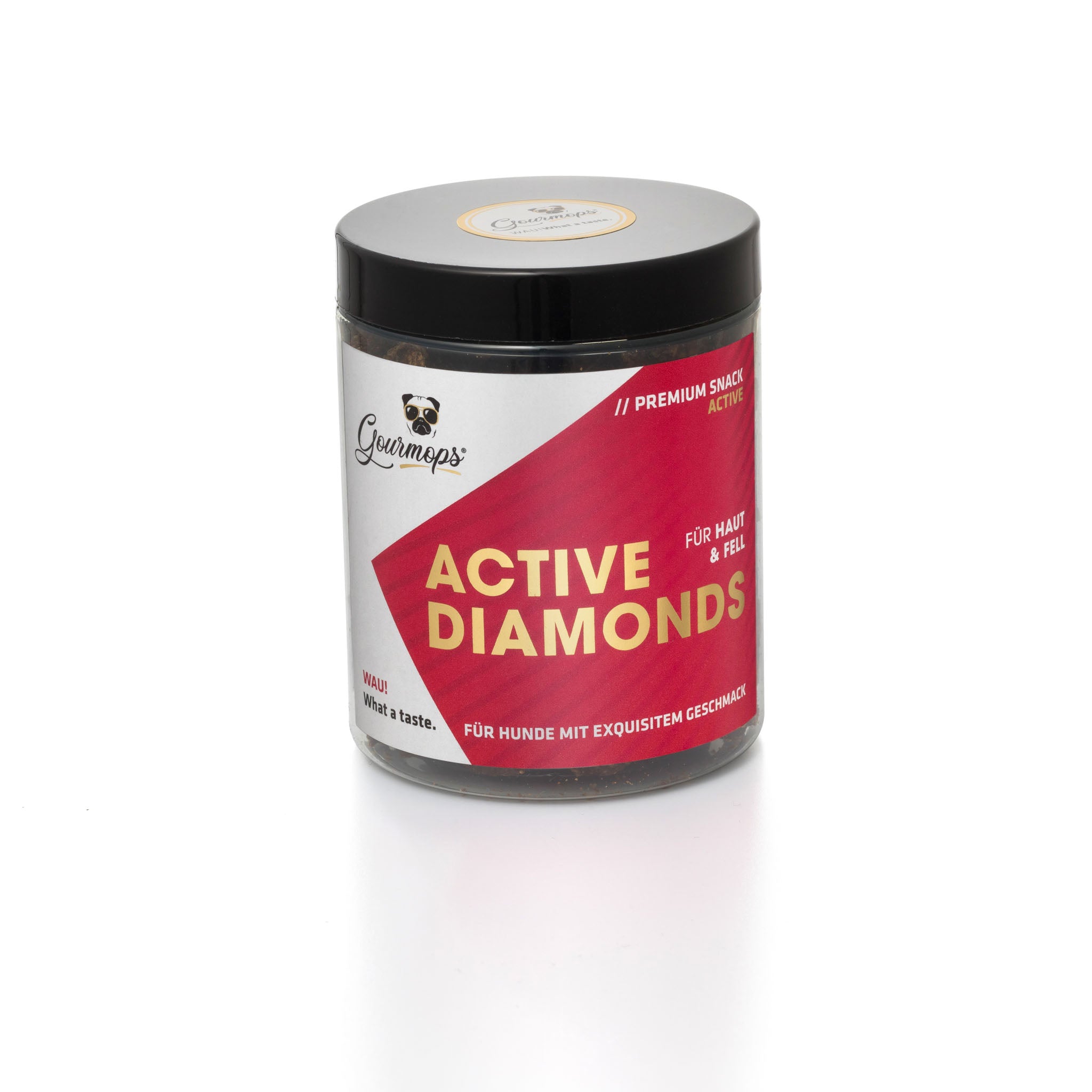 Gourmops Active Diamonds Snacks in wiederverschließbarer Dose – glänzendes Fell & Hautpflege