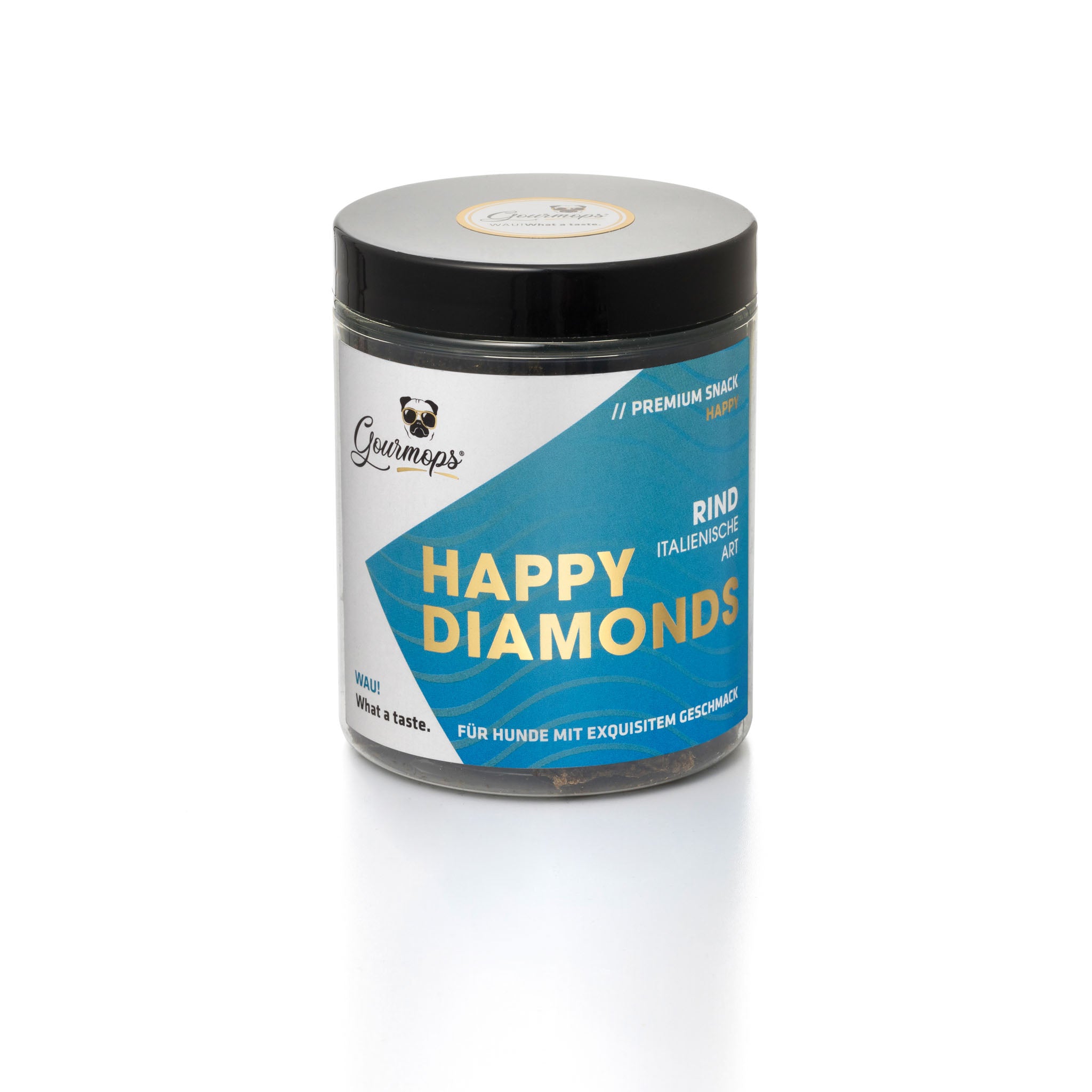 Gourmops Hundesnacks in praktischer Dose aus recyceltem Kunststoff – Happy Diamonds Rind als gesunde Belohnung