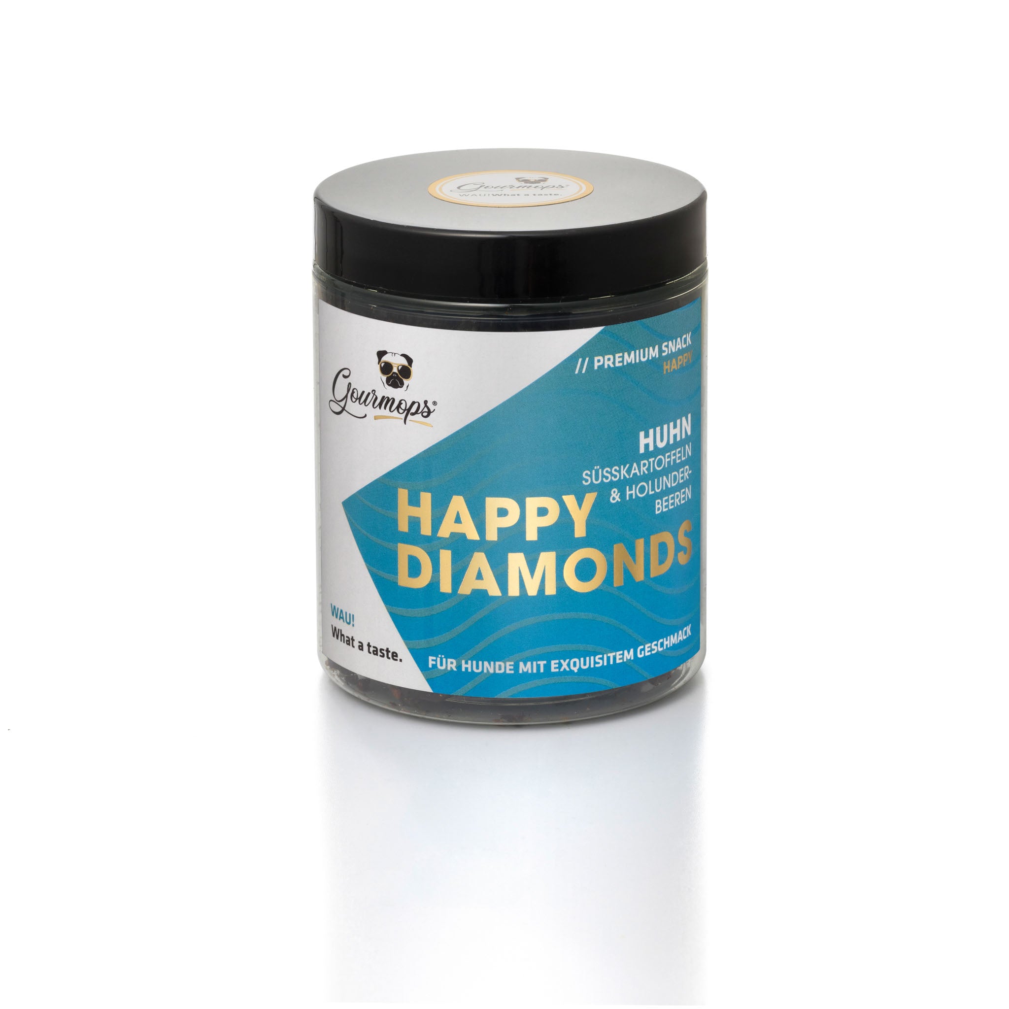 Gourmops Hundesnacks in praktischer Dose aus recyceltem Kunststoff – Happy Diamonds Huhn als gesunde Belohnung