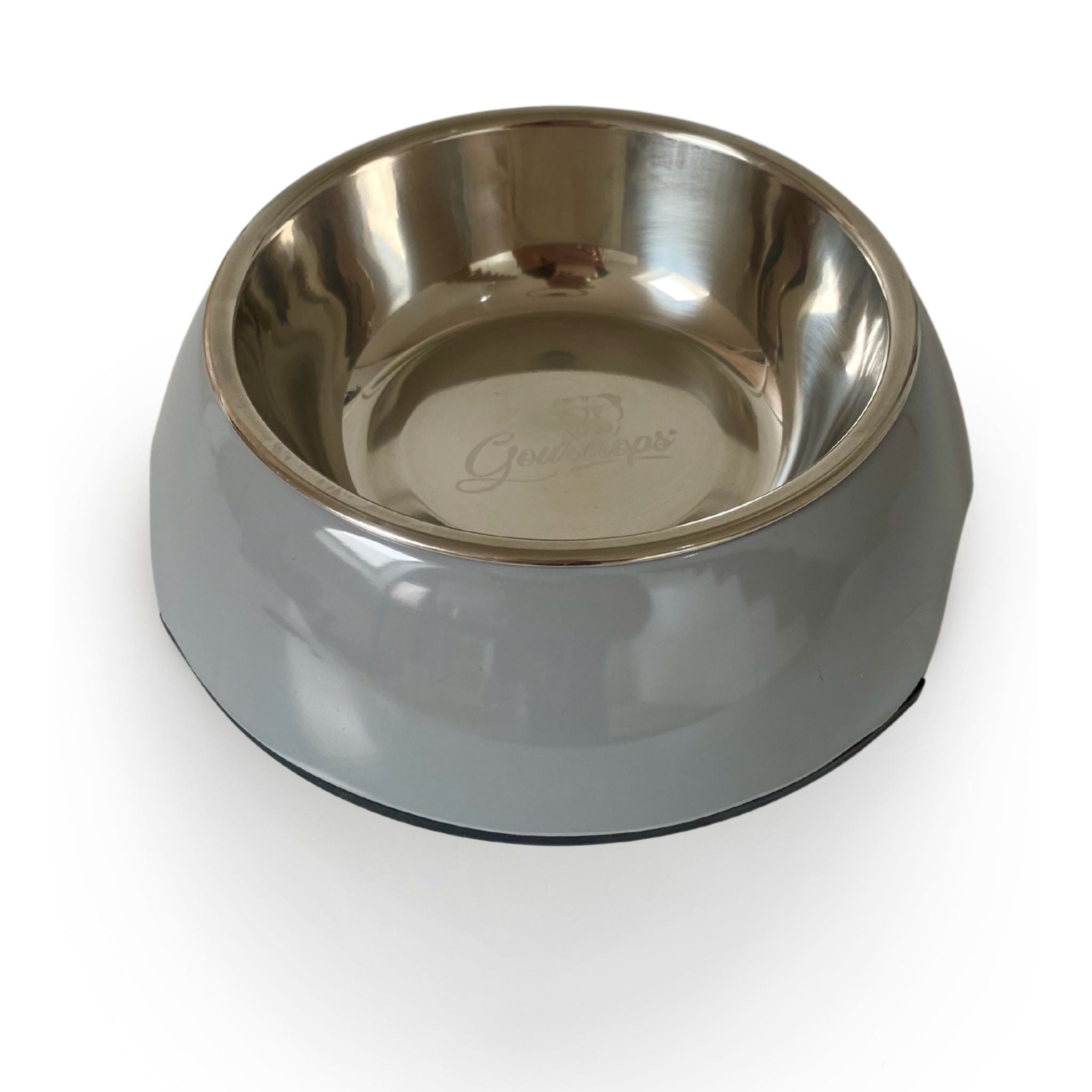 Hochwertiger Hundenapf von Gourmops mit Edelstahl-Innenschale in Grau
