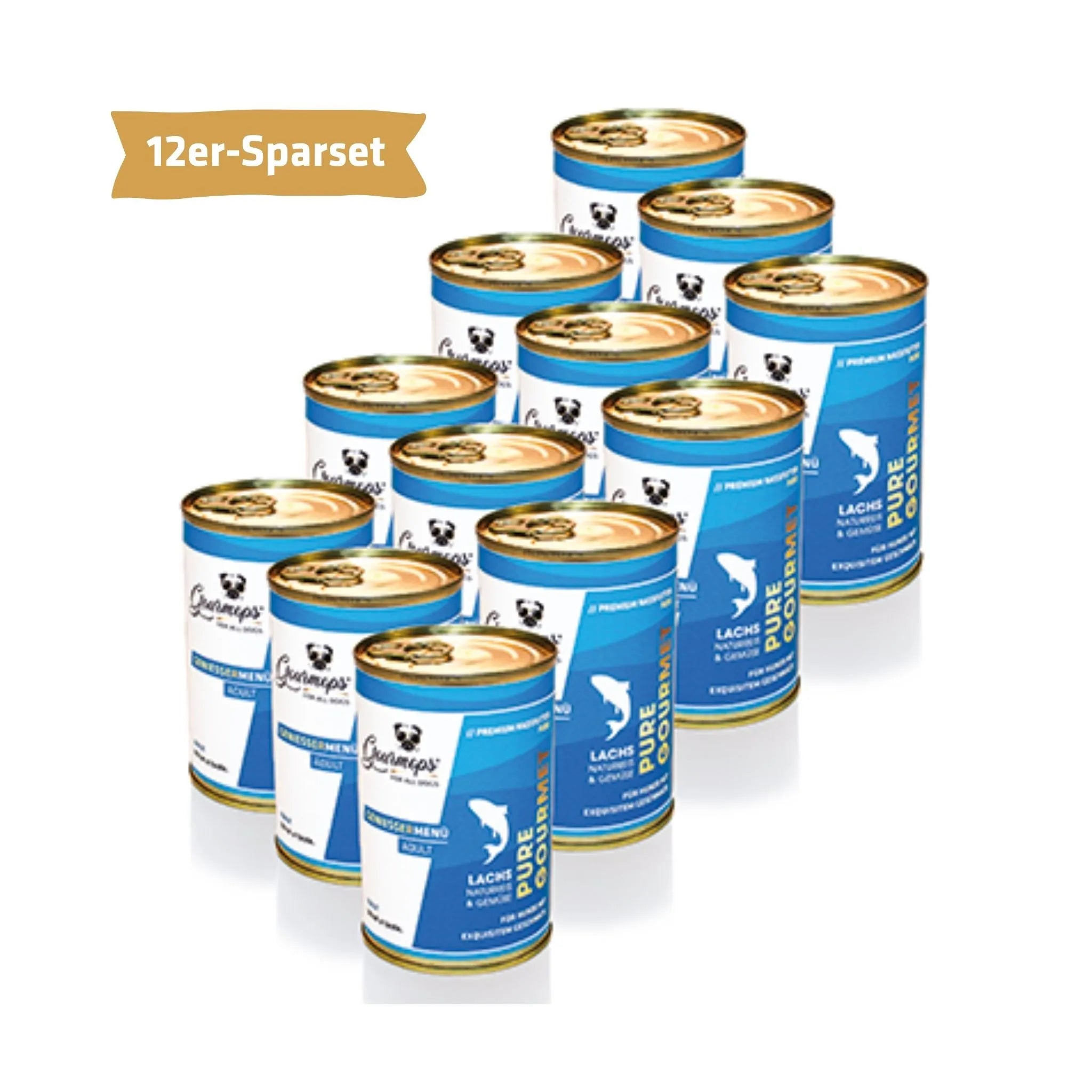Gourmops Pure Gourmet Nassfutter Lachs – Vorratspaket mit 12 Premium-Dosen Hundefutter, getreidefrei im Vorteilspack