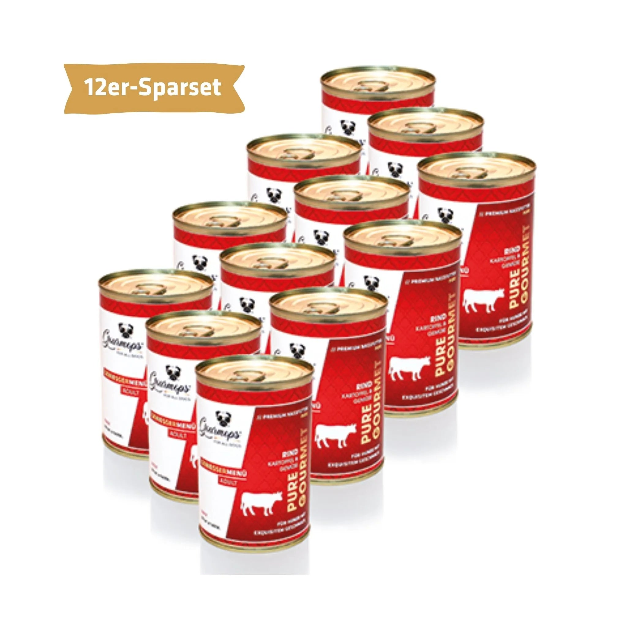 Gourmops Pure Gourmet Nassfutter Rind – Vorratspaket mit 12 Premium-Dosen Hundefutter, getreidefrei im Vorteilspack