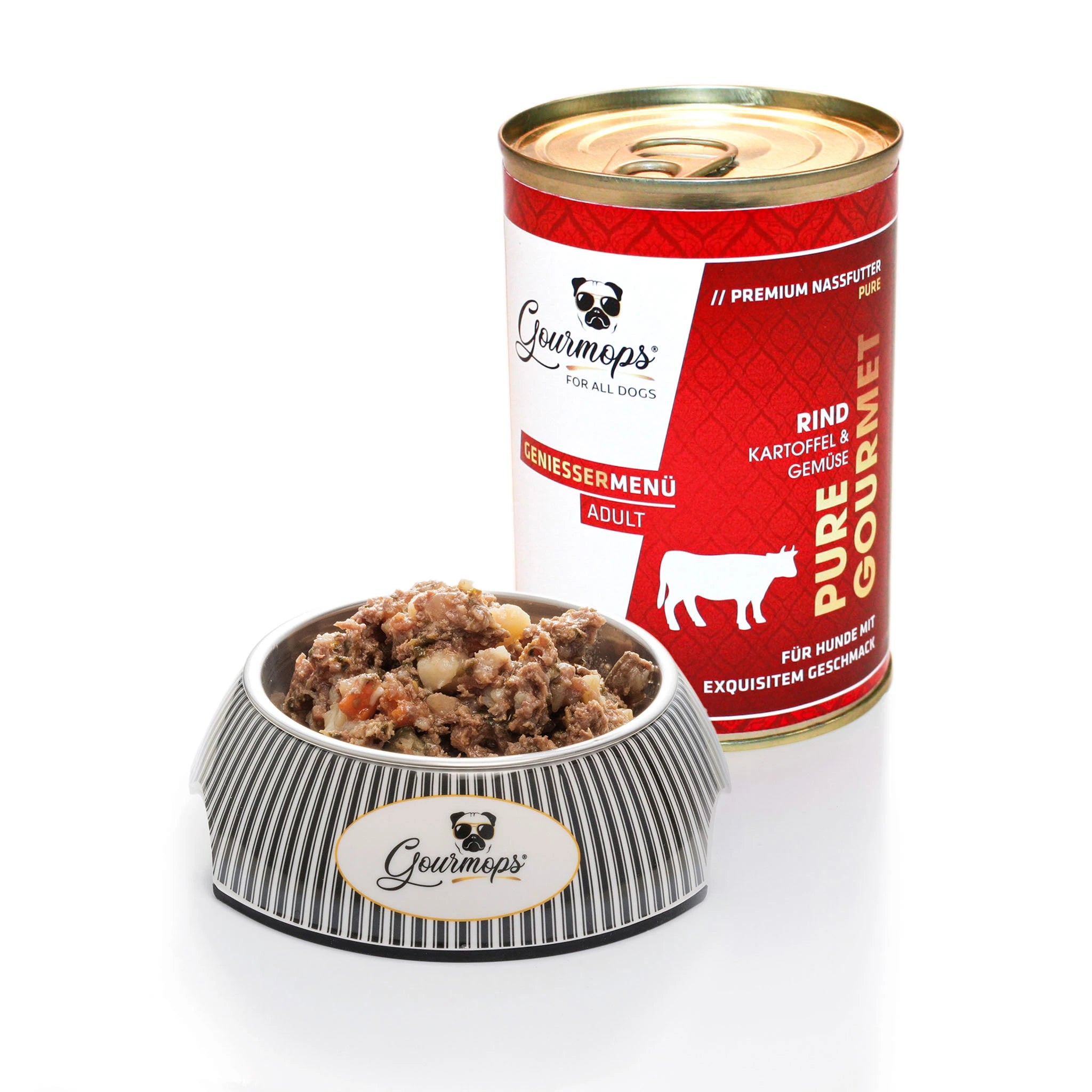 Gourmops Pure Gourmet Nassfutter Rind – geöffnete Dose mit Napf voller Premium-Hundefutter, getreidefrei & monoprotein