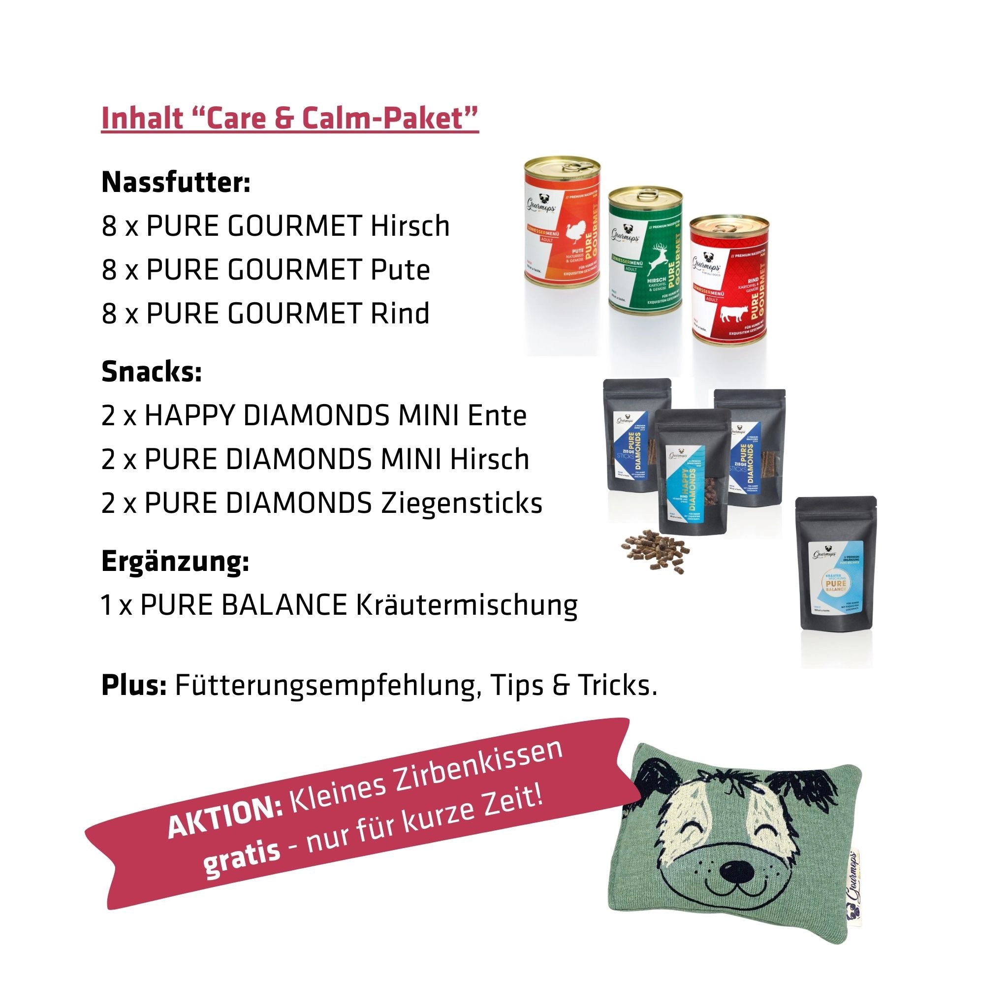 Gourmops Care & Calm-Paket – Übersicht der enthaltenen Premium-Produkte mit Mengenangaben und aktueller Gratiszugabe für Hunde