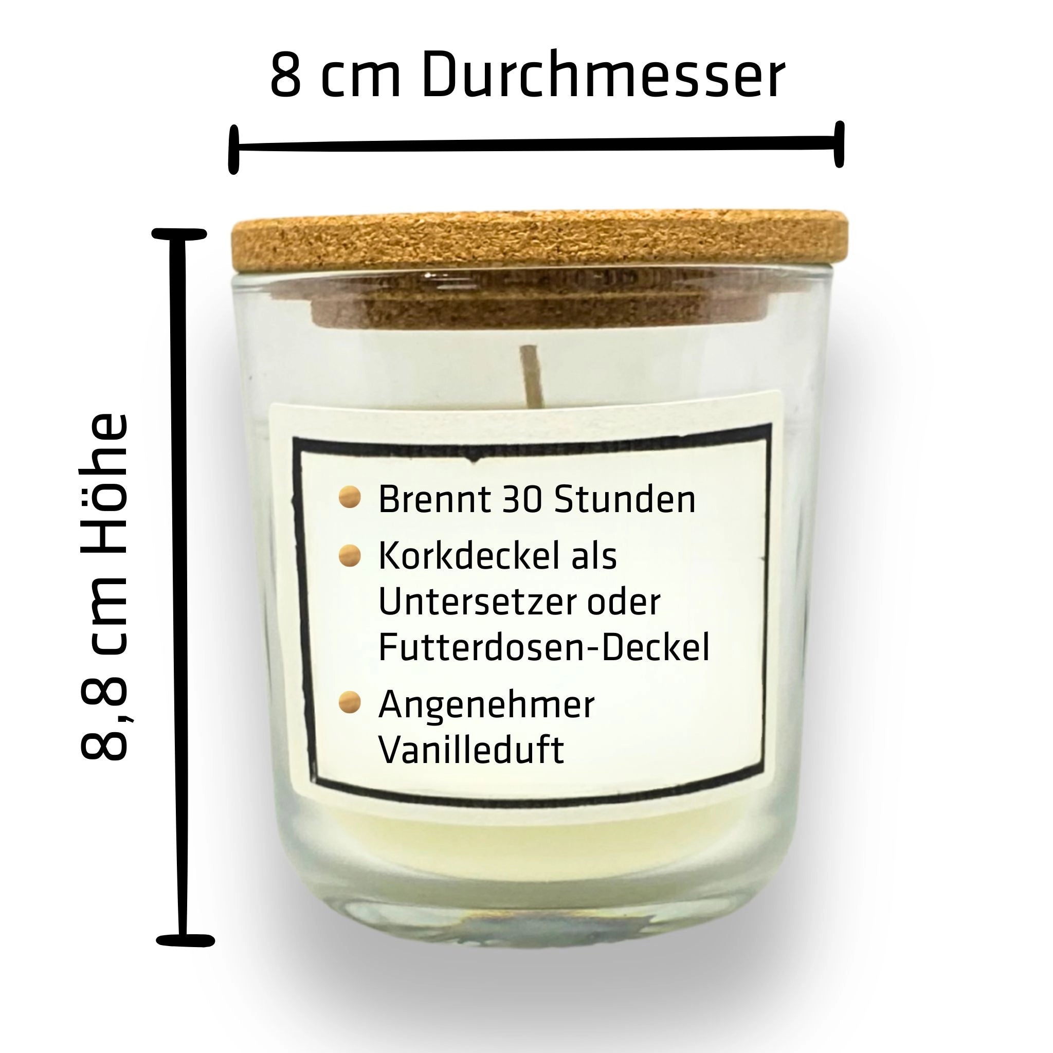 GOURMOPS Duftkerze im Glas mit Korkdeckel – Maße 88 mm Höhe, 80 mm Durchmesser – ca. 30 Stunden Brenndauer, Vanille-Holz-Duft, nachhaltig & vielseitig.