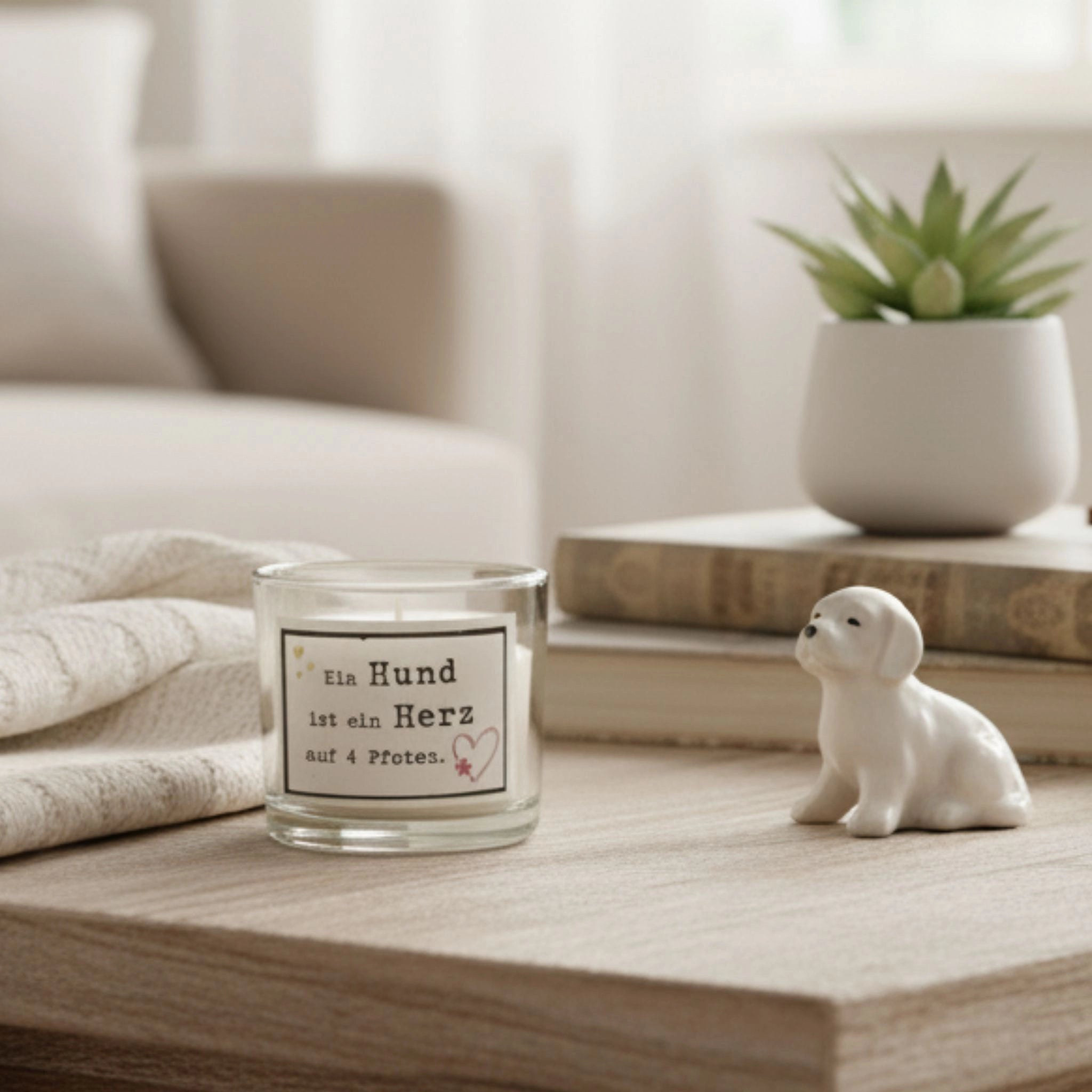 Kleine GOURMOPS Duftkerze im Glas auf einem Tisch – warmes Licht und sanfter Vanilleduft schaffen Wohlfühlatmosphäre – dekoratives Accessoire & Geschenk für Hundeliebhaber.