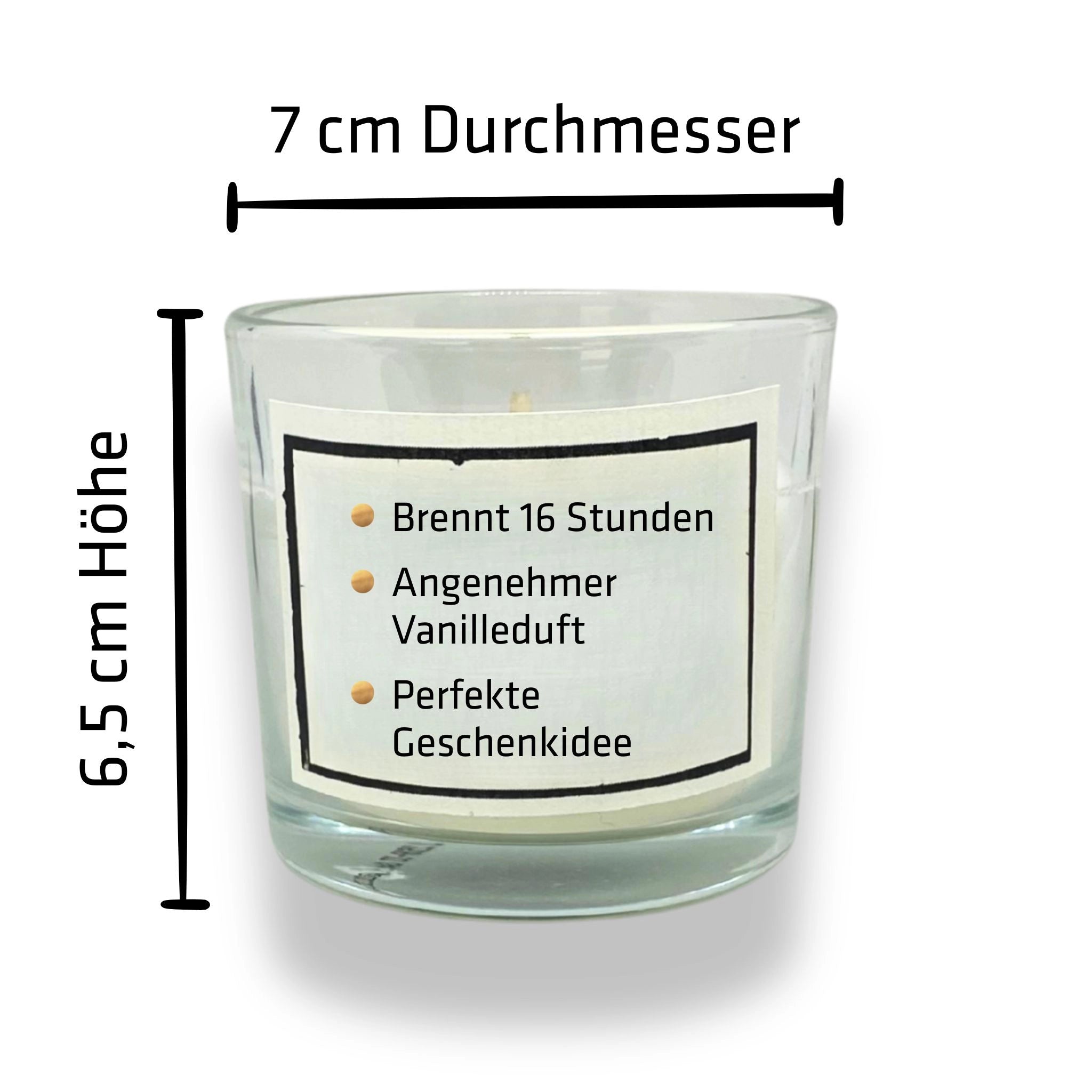 Kleine GOURMOPS Duftkerze im Glas – Maße 65 mm Höhe, 70 mm Durchmesser – ca. 16 Stunden Brenndauer, Vanille-Holz-Duft.