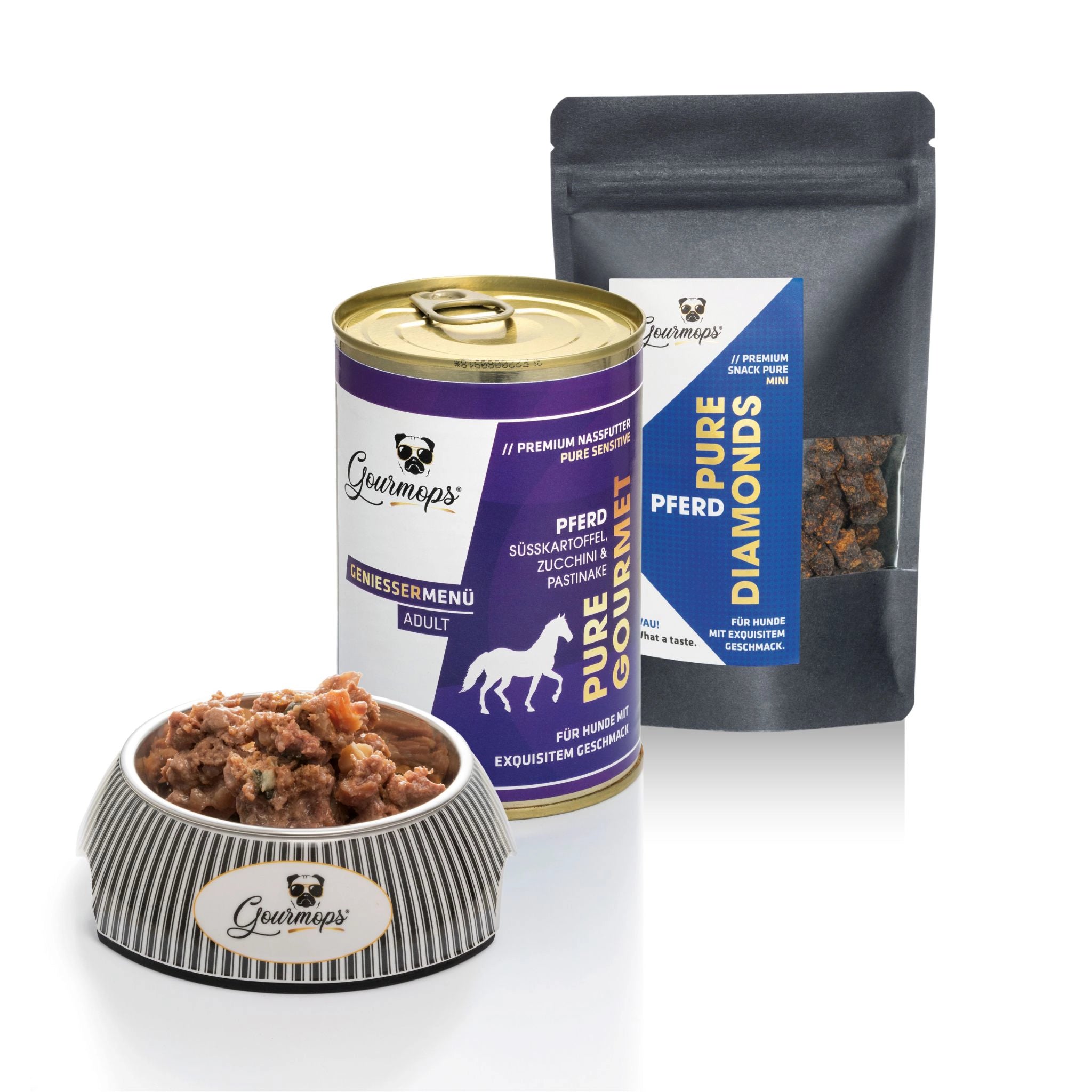 Monoprotein-Paket Pferd von Gourmops – Nassfutter Pferd im Napf mit frischem Pferdefleisch, daneben Gourmet-Dose und Snacks Pferd für allergische und sensible Hunde, getreidefrei und hypoallergen hergestellt in Deutschland