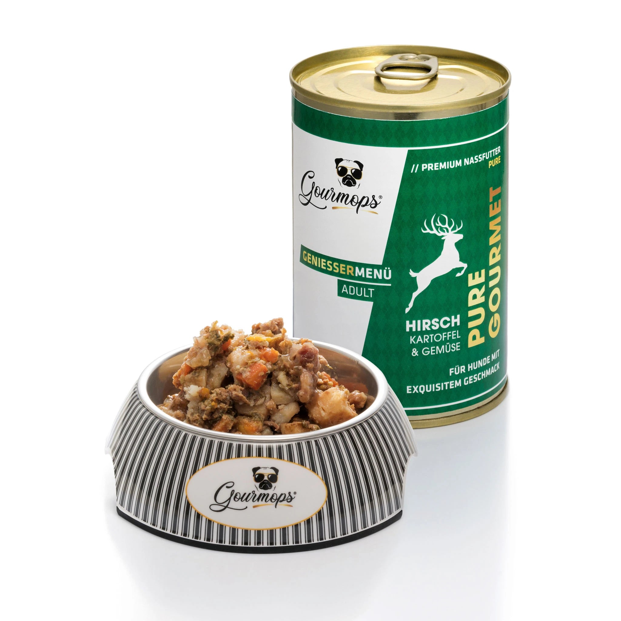 Gourmops Pure Gourmet Nassfutter Hirsch – geöffnete Dose mit Napf voller Premium-Hundefutter, getreidefrei & monoprotein