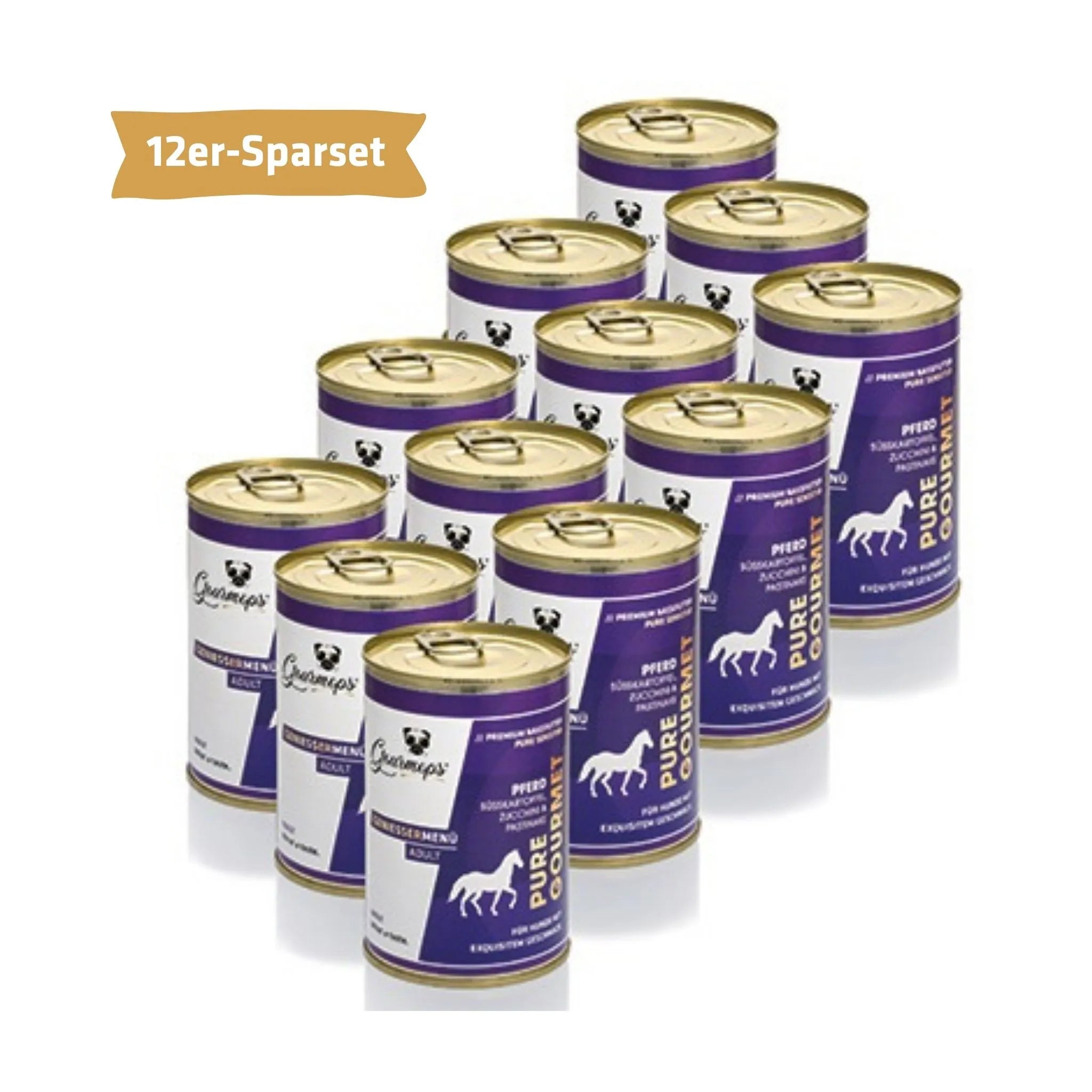 Gourmops Pure Gourmet Nassfutter Pferd – Vorratspaket mit 12 Premium-Dosen Hundefutter, getreidefrei im Vorteilspack