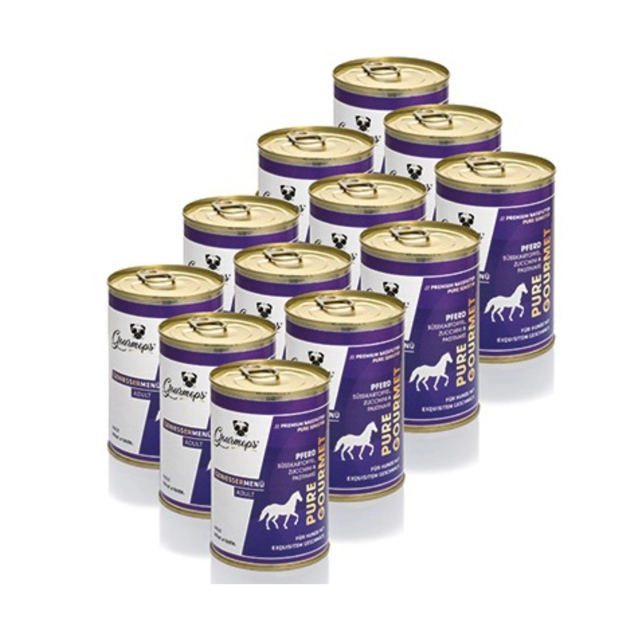 12 Dosen Gourmops PURE GOURMET Pferd – hochwertiges Monoprotein-Nassfutter aus 100 % Pferdefleisch für sensible und allergische Hunde, getreidefrei und ohne künstliche Zusätze.