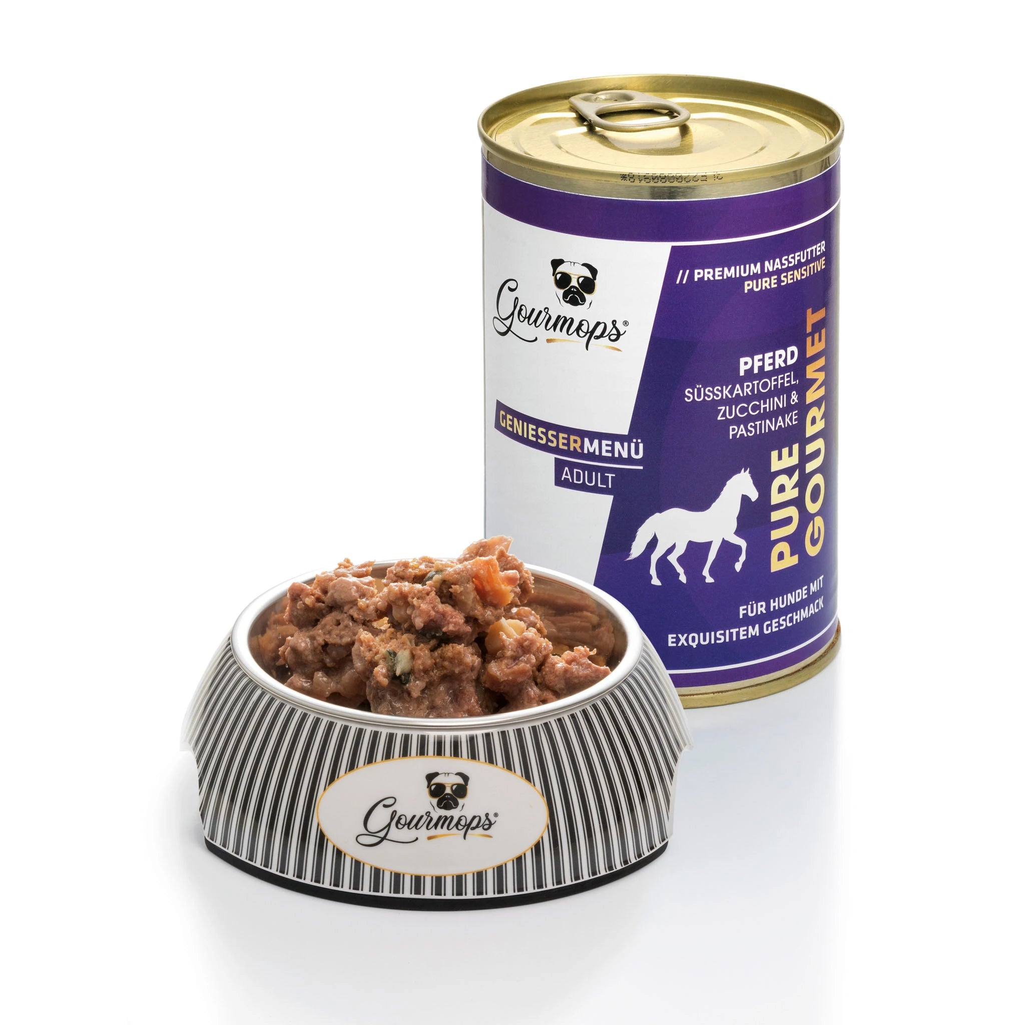 Gourmops Pure Gourmet Nassfutter Pferd – geöffnete Dose mit Napf voller Premium-Hundefutter, getreidefrei & monoprotein