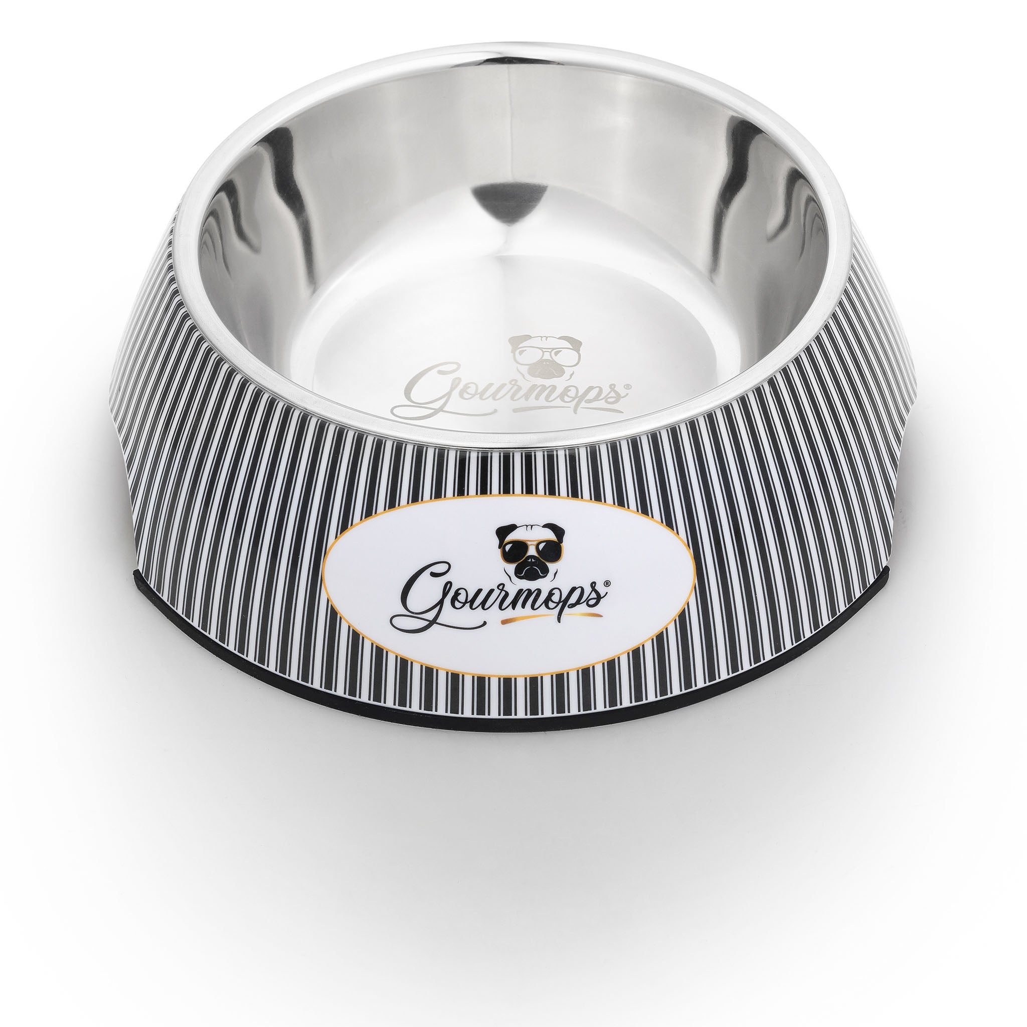 Hochwertiger Hundenapf von Gourmops mit Edelstahl-Innenschale in Schwarz-Weiß Design mit Logo