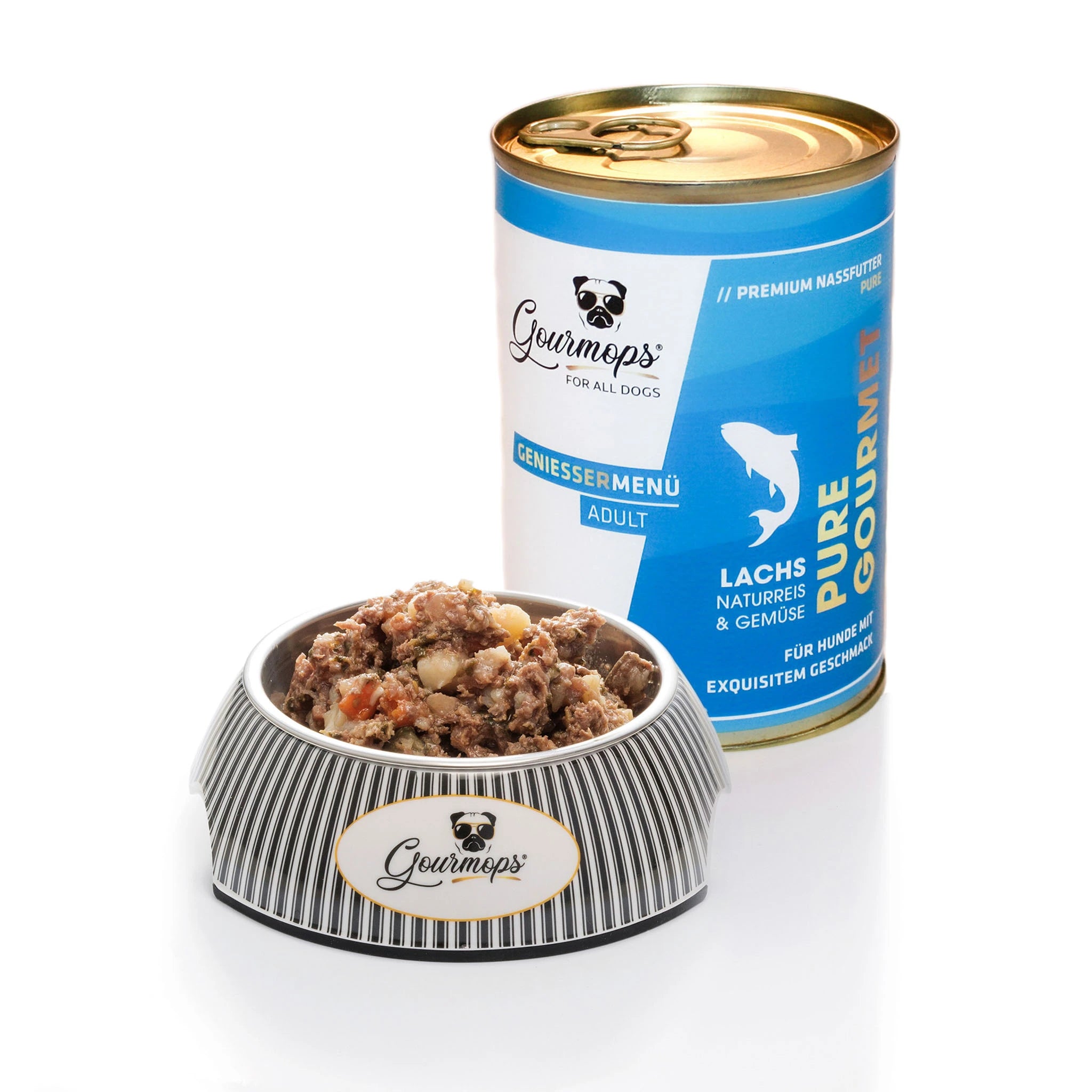 Gourmops Pure Gourmet Nassfutter Lachs – geöffnete Dose mit Napf voller Premium-Hundefutter, getreidefrei &amp; monoprotein