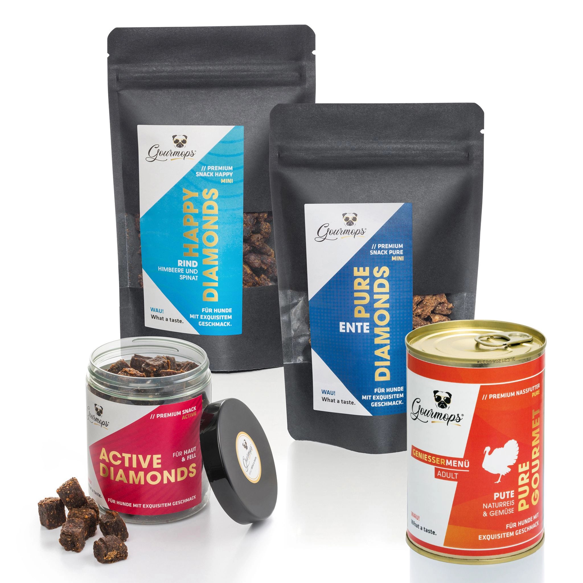 Gourmops All Stars Schnupperpaket mit vier Produkten – hochwertiges Nassfutter und Snacks in Premiumqualität, ideal zum Probieren.
