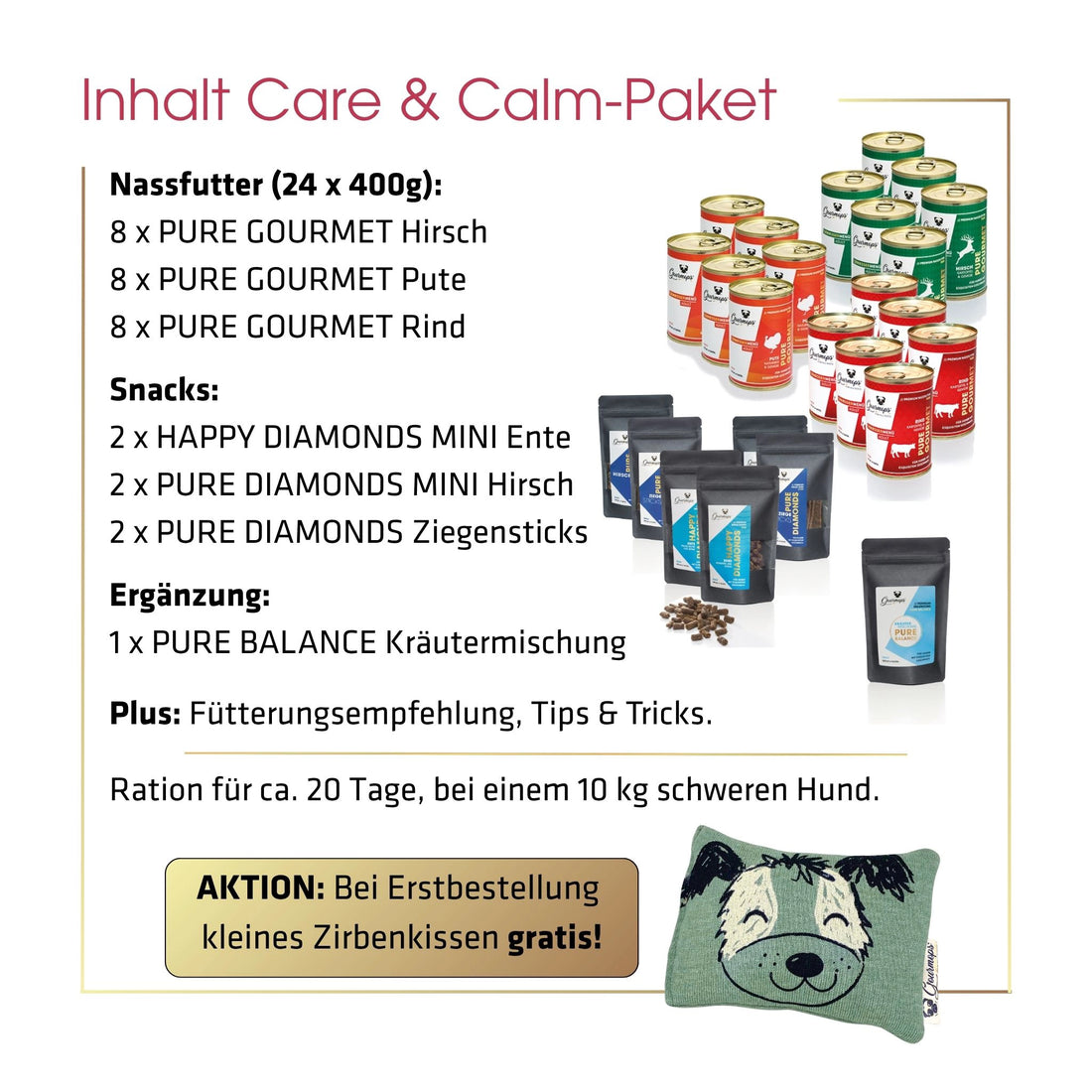 Gourmops Care &amp; Calm-Paket – Übersicht der enthaltenen Premium-Produkte mit Mengenangaben und aktueller Gratiszugabe für Hunde