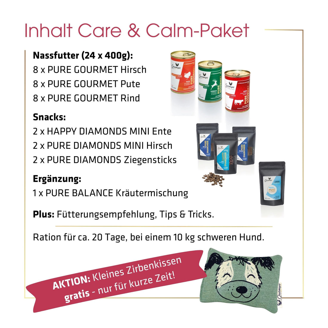 Gourmops Care &amp; Calm-Paket – Übersicht der enthaltenen Premium-Produkte mit Mengenangaben und aktueller Gratiszugabe für Hunde