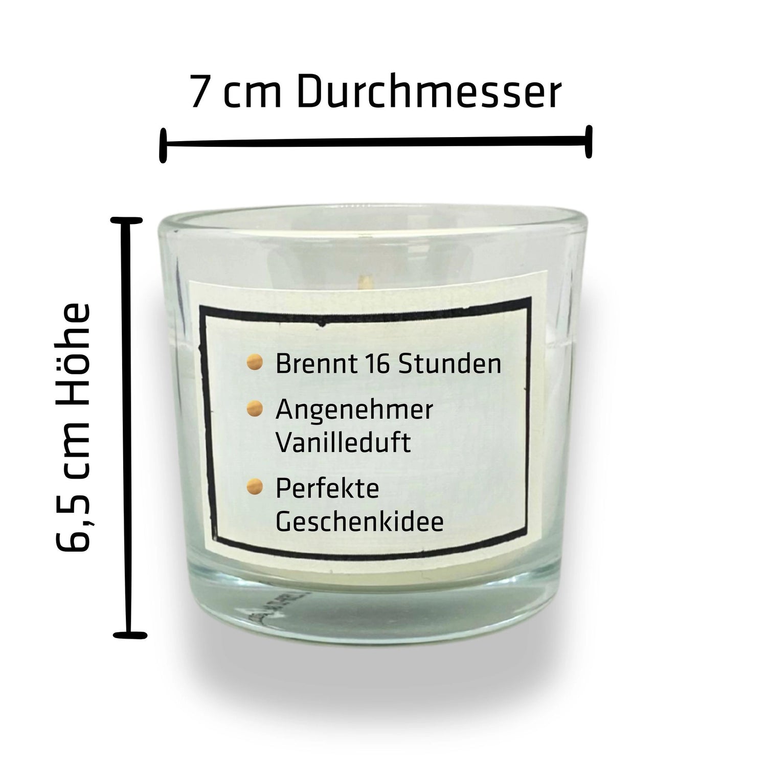 Kleine GOURMOPS Duftkerze im Glas  – Maße 65 mm Höhe, 70 mm Durchmesser – ca. 16 Stunden Brenndauer, Vanille-Holz-Duft.