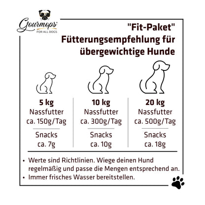 Gourmops Care-Paket – Fütterungsempfehlung und Portionierungshinweise für übergewichtige Hunde je nach Gewicht und Aktivität