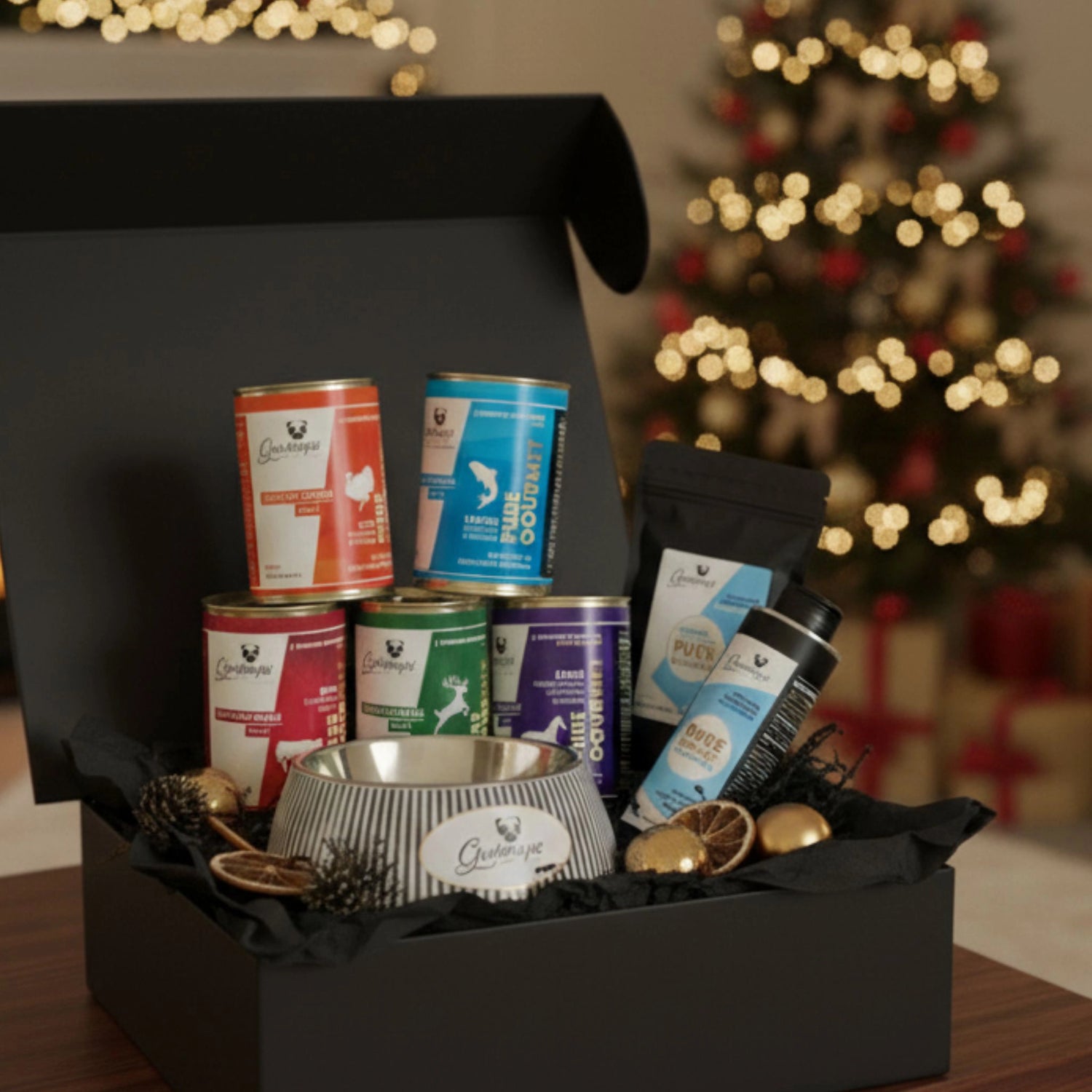 Geschenkset &quot;PERFECT DINER&quot; // Gourmet-Set mit Napf, Nassfutter, Kräutern &amp; Öl