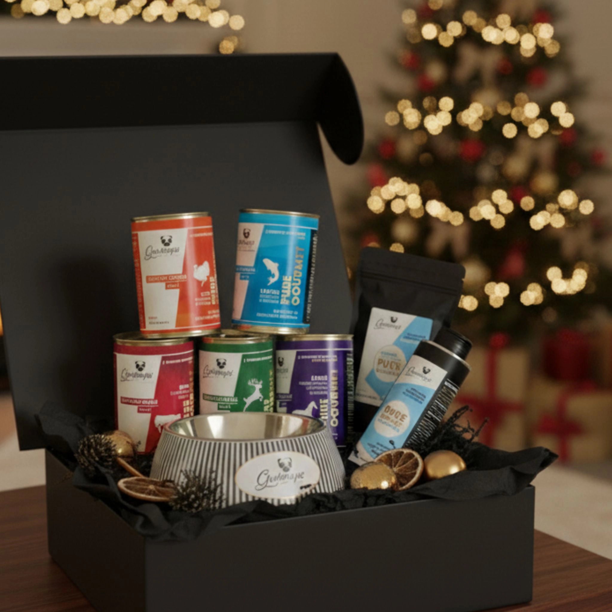 Geschenkset &quot;PERFECT DINER&quot; // Gourmet-Set mit Napf, Nassfutter, Kräutern &amp; Öl