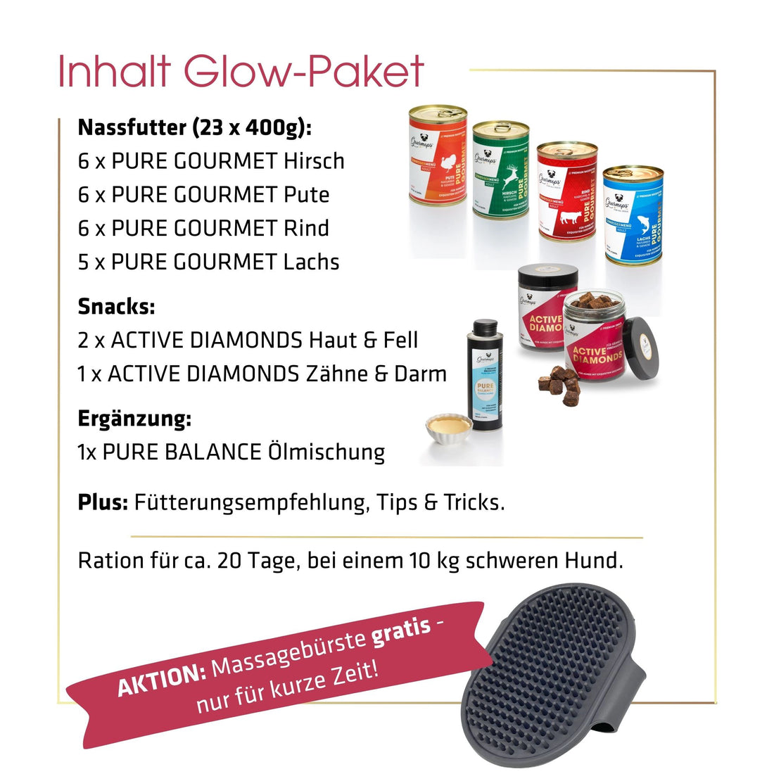 Gourmops Glow-Paket – Übersicht der enthaltenen Premium-Produkte mit Mengenangaben und aktueller Gratiszugabe für Hunde