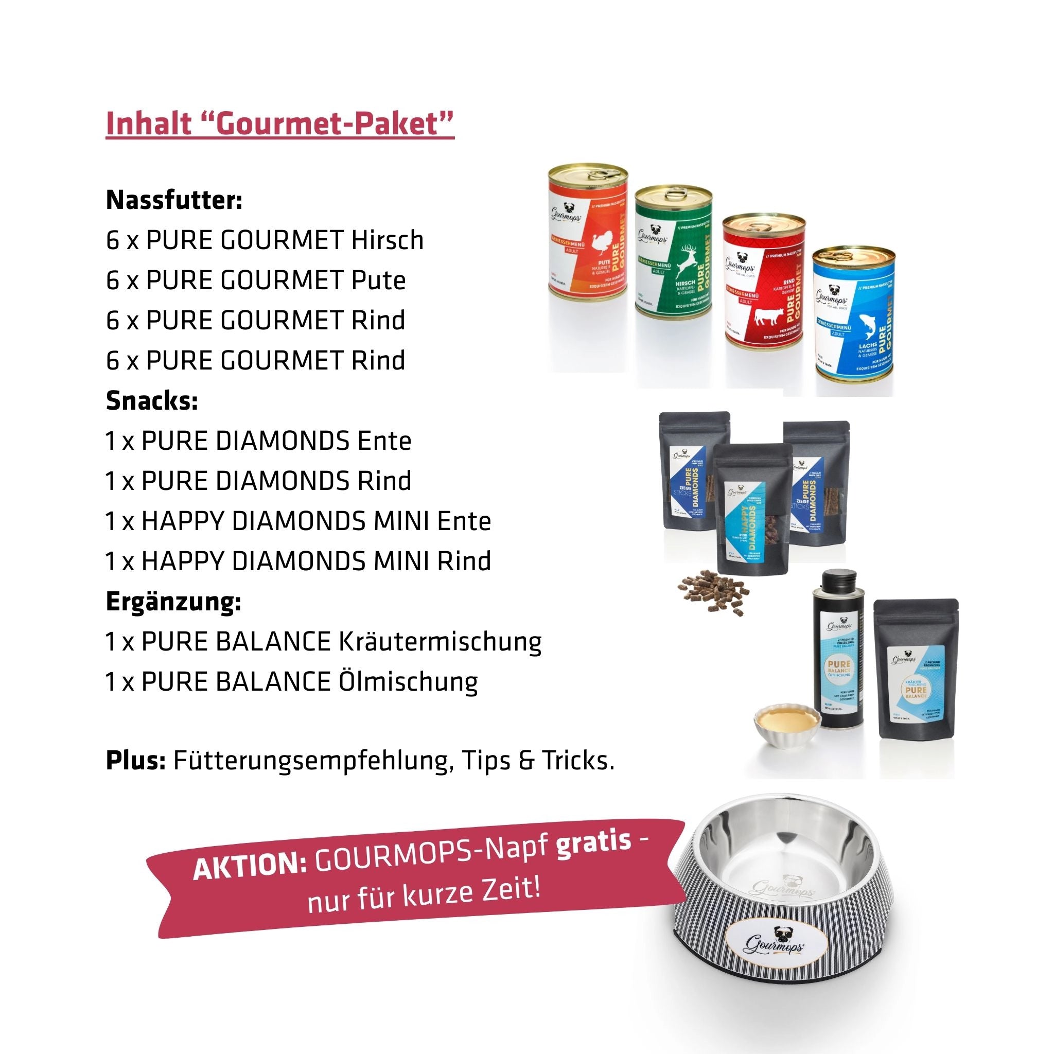 Gourmops Gourmet-Paket – Übersicht der enthaltenen Premium-Produkte mit Mengenangaben und aktueller Gratiszugabe für Hunde