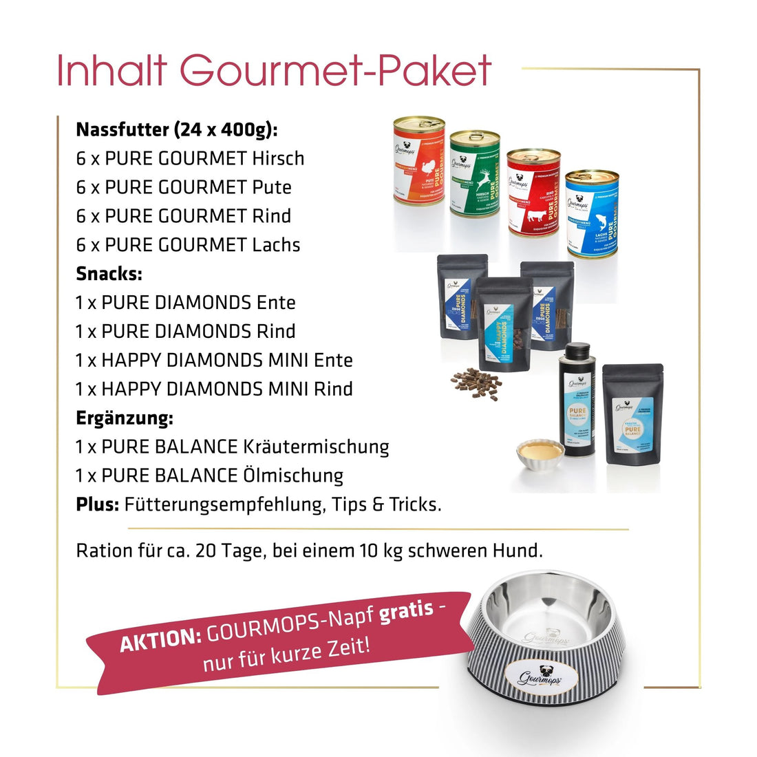 Gourmops Gourmet-Paket – Übersicht der enthaltenen Premium-Produkte mit Mengenangaben und aktueller Gratiszugabe für Hunde