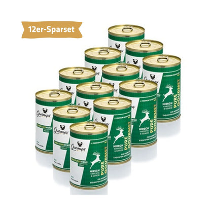 Gourmops Pure Gourmet Nassfutter Hirsch – Vorratspaket mit 12 Premium-Dosen Hundefutter, getreidefrei im Vorteilspack