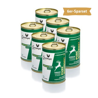 Gourmops Pure Gourmet Nassfutter Hirsch – Vorratspaket mit 6 Premium-Dosen Hundefutter, getreidefrei im Sparpack