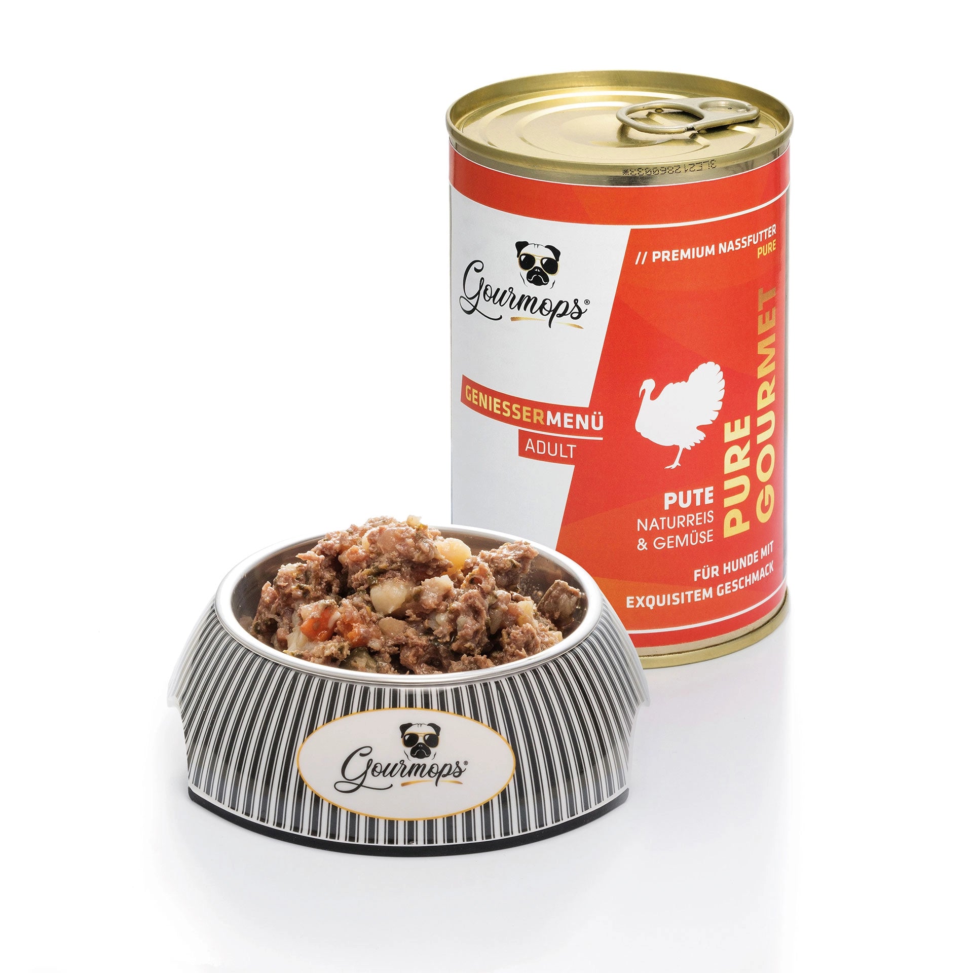 Gourmops Pure Gourmet Nassfutter Pute – geöffnete Dose mit Napf voller Premium-Hundefutter, getreidefrei &amp; monoprotein