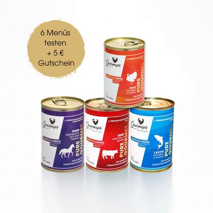 PURE GOURMET Schnupperpaket – 6 Premium Nassfutter Menüs für Hunde (6 × 400 g)