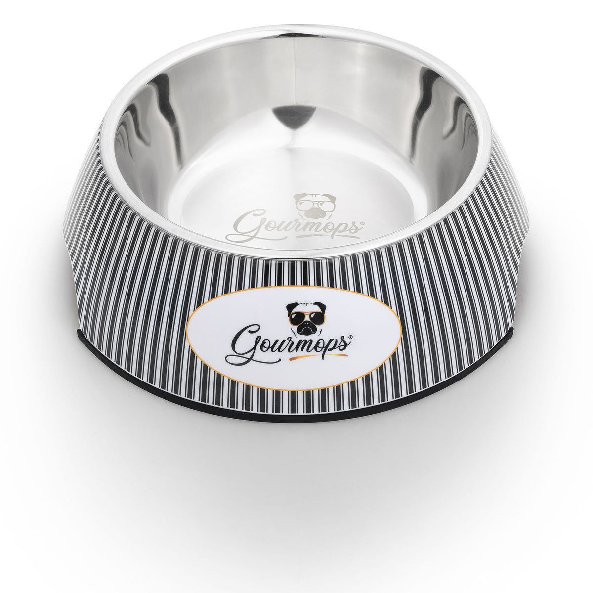 Hochwertiger Hundenapf von Gourmops mit Edelstahl-Innenschale in Schwarz-Weiß Design mit Logo